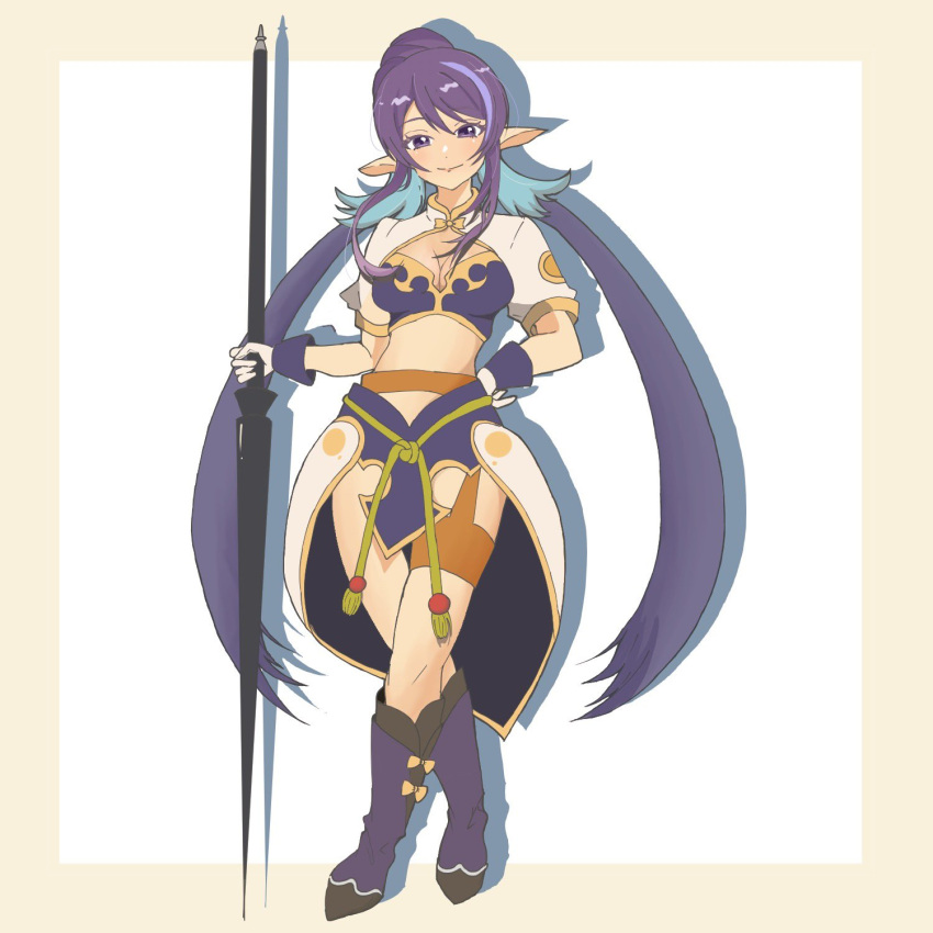 border breasts cleavage closed_mouth crossed_legs female full_body gold_trim hand_on_own_hip highres holding holding_polearm holding_weapon judith_(tales) lance long_hair looking_at_viewer low_twintails outside_border pointy_ears polearm protected_link purple_eyes purple_hair simple_background smile solo tales_of_(series) tales_of_vesperia twintails very_long_hair weapon white_background yellow_border youki_toa