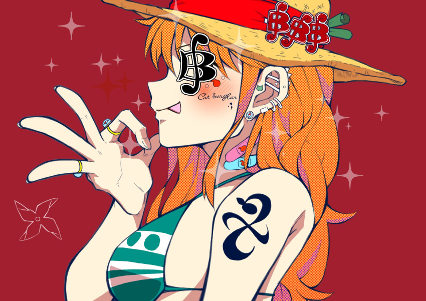 bandaid bandaid_on_neck barbell_piercing bare_shoulders bikini blush breasts closed_mouth compass ear_piercing earrings facial_mark female food from_side fruit green_bikini halterneck hat highres industrial_piercing jewelry log_pose long_hair mandarin_orange medium_breasts money_gesture nami_(one_piece) one_piece orange_hair piercing pinwheel profile red_background ring shoulder_tattoo solo sparkle straw_hat stud_earrings swimsuit symbol-shaped_pupils tattoo tongue tongue_out upper_body wavy_hair ya-don