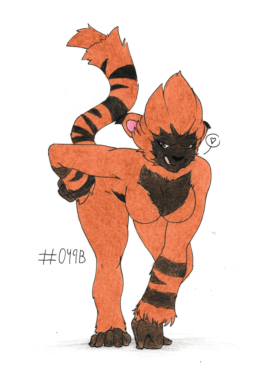 absurd_res anthro anthrofied bent_over brown_body featureless_crotch feet female foxydraws fur gorirat gorirat_terra hand_on_hip heart_symbol hi_res long_arms looking_at_viewer markings multicolored_body multicolored_fur muscular muscular_anthro muscular_arms muscular_female nude orange_body orange_fur pal_(species) palworld pocketpair prehensile_feet simple_background solo standing striped_markings striped_tail stripes tail tail_markings toes tongue two_tone_body two_tone_fur white_background