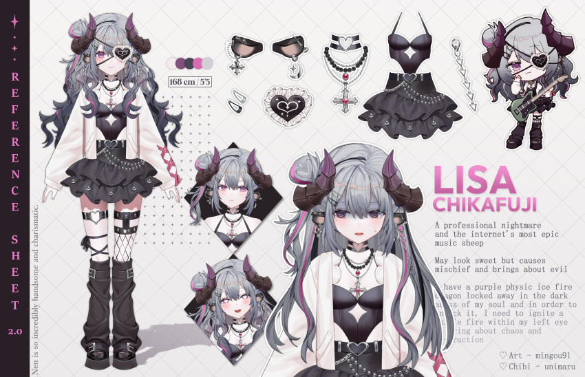 @_@ absurdres animal_ears asymmetrical_hair asymmetrical_legwear black_choker black_leg_warmers black_skirt black_tank_top breasts buckle chain_earrings chains chibi chikafuji_lisa chikafuji_lisa_(2nd_costume) choker cleavage collage cross_pendant earrings electric_guitar eyepatch fishnet_thighhighs fishnets frilled_skirt frills goth_fashion grey_hair guitar hair_bun heart heart-shaped_buckle heart_choker heart_eyepatch heart_in_eye highres hip_vent holding holding_instrument horns idol_corp instrument jacket jewelry leg_warmers lloule long_hair mismatched_legwear mole mole_under_eye multicolored_hair necklace pink_hair platform_footwear platform_heels purple_eyes reference_sheet shaded_face sheep_ears sheep_girl sheep_horns sidelocks skirt small_breasts standing streaked_hair sweatdrop symbol_in_eye tank_top thigh_strap thighhighs two-tone_hair virtual_youtuber wavy_hair white_jacket