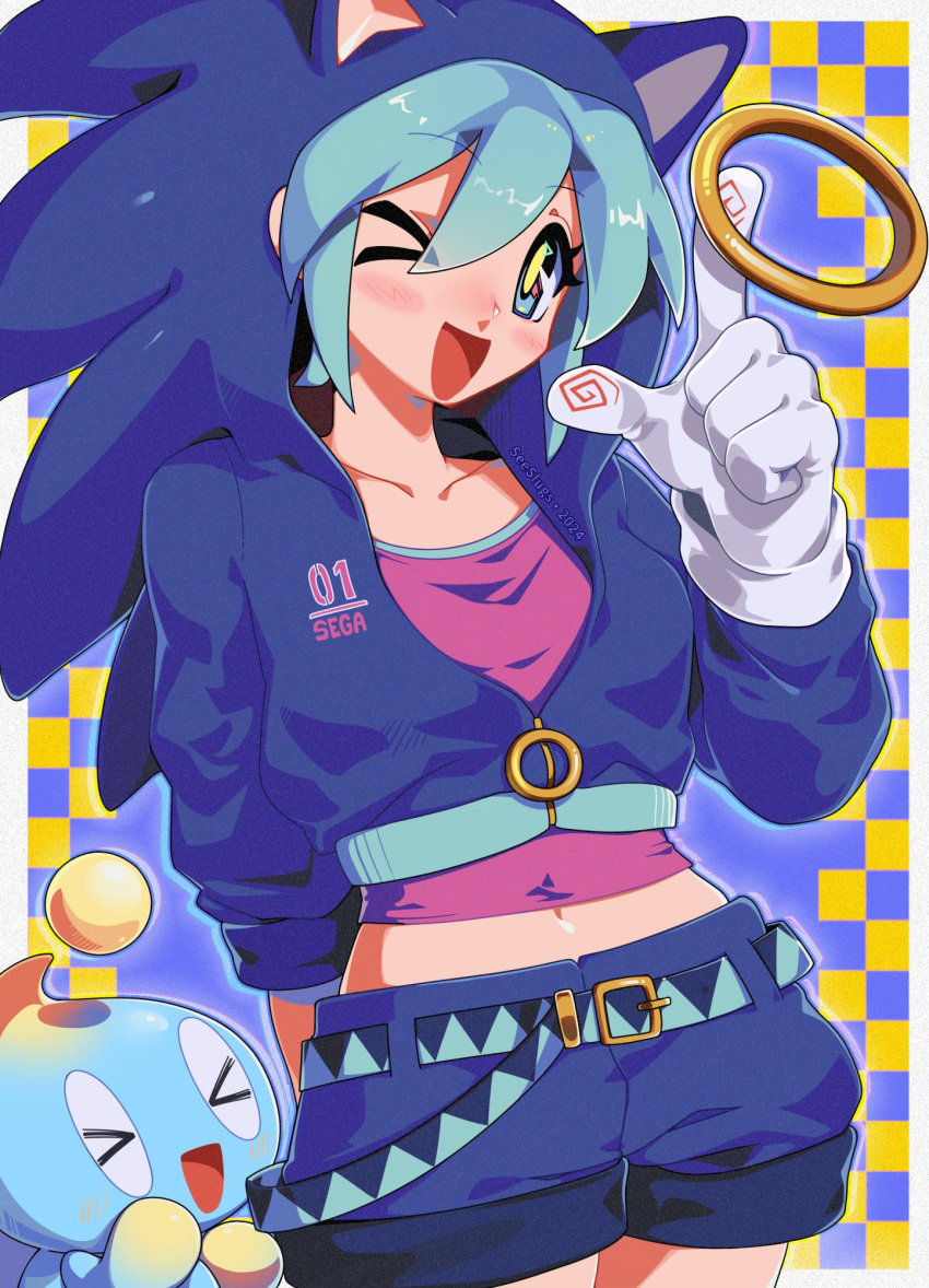 :d animal_ears animal_hood aqua_belt aqua_eyes aqua_hair arm_behind_back artist_name belt blue_background blue_belt blue_jacket blue_shorts blush_stickers border chao_(sonic) checkered_background collarbone commentary company_name cosplay cowboy_shot crop_top dated english_commentary fake_animal_ears female film_grain gloves hair_between_eyes hatsune_miku highres hood hood_up hooded_jacket index_finger_raised jacket midriff navel neutral_chao official_alternate_costume one_eye_closed open_mouth partially_open_jacket pink_shirt project_diva_(series) puffy_shorts ring_(sonic) seeslugs shirt short_hair shorts smile sonic_(series) sonic_the_hedgehog sonic_the_hedgehog_(cosplay) vocaloid white_border white_gloves yellow_background