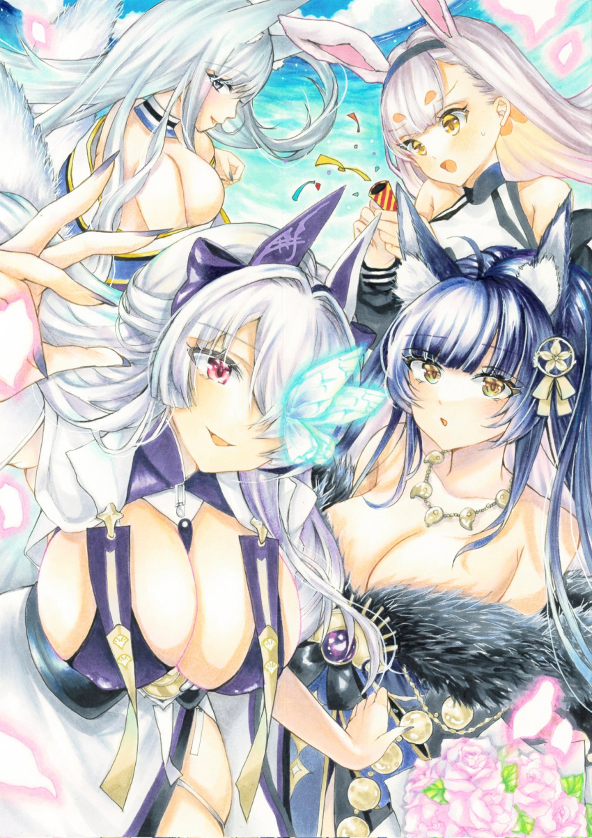 4girls animal_ear_fluff animal_ears azur_lane bouquet breasts butterfly_over_eye cleavage flower fox_ears fox_girl fox_tail fur-trimmed_kimono fur_trim hair_over_one_eye highres hikimayu huge_breasts japanese_clothes kimono kishimon-08 kitsune marker_(medium) multiple_girls musashi_(azur_lane) pink_flower purple_hair rabbit_ears rabbit_girl shimakaze_(azur_lane) shinano_(azur_lane) sweatdrop tail traditional_media unzen_(azur_lane) water white_hair yellow_eyes