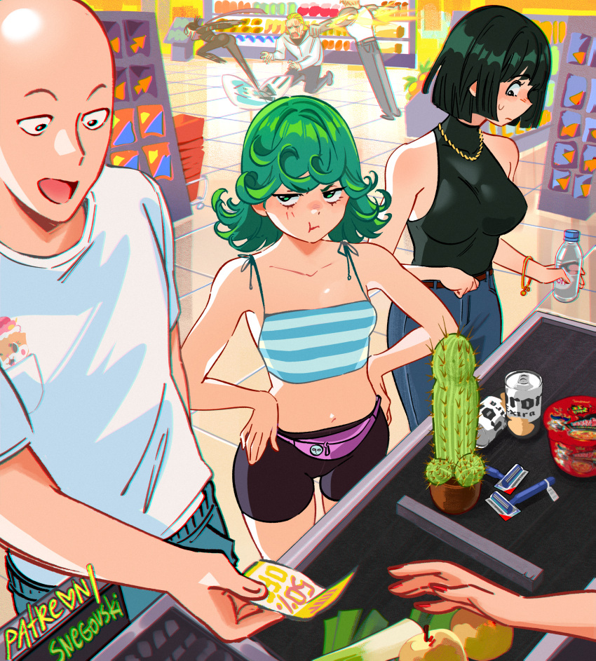 3girls 4boys absurdres artist_name bald bare_shoulders beer_can black_shorts blue_pants breasts cactus can collarbone commentary coupon drink_can english_commentary fanny_pack food fruit fubuki_(one-punch_man) genos green_eyes green_hair hands_on_own_hips highres holding jewelry king_(one-punch_man) large_breasts looking_at_another medium_hair multiple_boys multiple_girls nail_polish necklace one-punch_man open_mouth paid_reward_available pants patreon_username phallic_symbol plant potted_plant pout razor_blade saitama_(one-punch_man) senkou_no_flash shirt short_shorts shorts siblings sisters small_breasts smile snegovski standing tatsumaki v-shaped_eyebrows web_address white_shirt