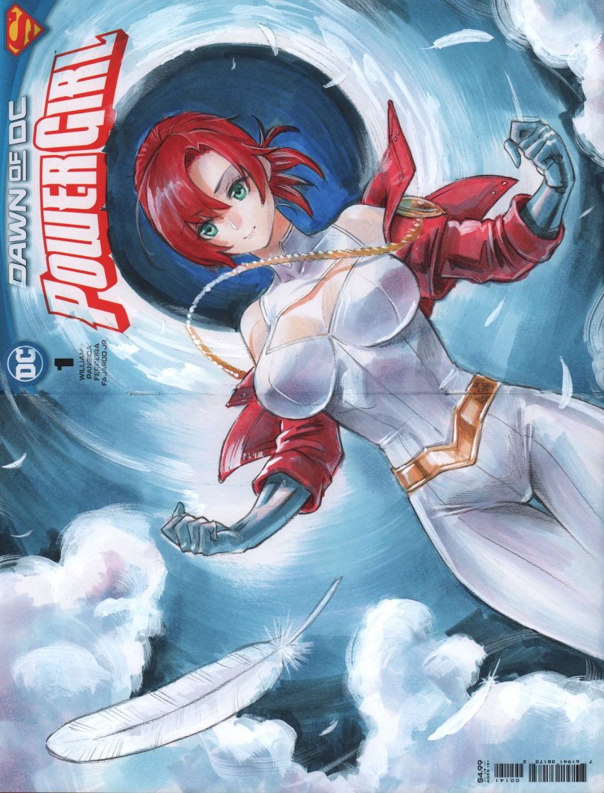 blue_gloves bodysuit boudica_(fate) breasts cleavage_cutout clothing_cutout cosplay cropped_jacket dc_comics fate/grand_order fate_(series) female gloves highres jacket off_shoulder power_girl power_girl_(cosplay) red_hair red_jacket rodrigo_yoshimiya smile solo superhero_costume superman_(series)