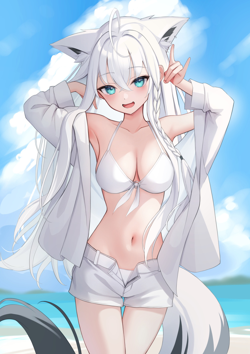 :d absurdres ahoge animal_ear_fluff animal_ears aqua_eyes arms_up beach bikini braid breasts cleavage commentary cowboy_shot crossed_bangs earrings extra_ears female fox_ears fox_girl fox_shadow_puppet fox_tail hair_between_eyes highres hololive jewelry long_hair looking_at_viewer medium_breasts navel shin_insh shirakami_fubuki shorts single_braid single_earring smile solo standing swimsuit tail unzipped virtual_youtuber white_hair