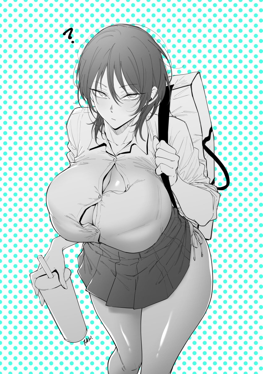 ? absurdres backpack bag bralines breasts button_gap cleavage closed_mouth cup drinking_straw f.w.zholic female greyscale_with_colored_background hair_between_eyes highres holding holding_bag holding_cup huge_breasts looking_at_viewer original panties pleated_skirt polka_dot polka_dot_background school_bag school_uniform shirt short_hair side-tie_panties side-tie_peek skirt sleeves_rolled_up solo thighs underwear white_shirt