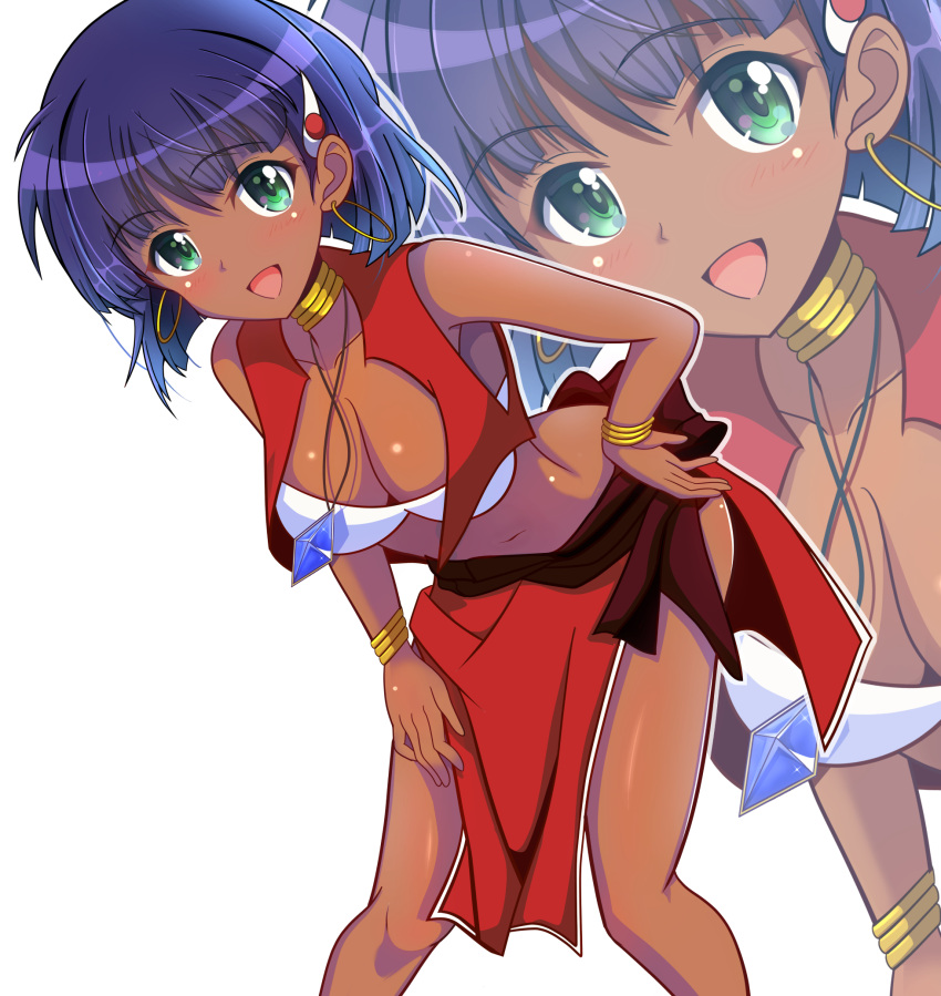 :d bandeau belt bent_over blue_gemstone blush bob_cut bracelet breasts brown_belt brown_sash cleavage commentary cropped_vest dark-skinned_female dark_skin earrings feet_out_of_frame female fushigi_no_umi_no_nadia gem gold_bracelet gold_earrings green_eyes hair_ornament hairclip hand_on_own_hip hand_on_own_thigh highres hoop_earrings impossible_clothes jewelry kumaisao leaning_forward medium_breasts midriff nadia_la_arwall navel neck_ring necklace open_clothes open_mouth open_vest outline pelvic_curtain pendant purple_hair red_skirt red_vest shiny_skin short_hair side_slit skirt sleeveless smile solo standing strapless tube_top vest white_background white_bandeau white_outline zoom_layer