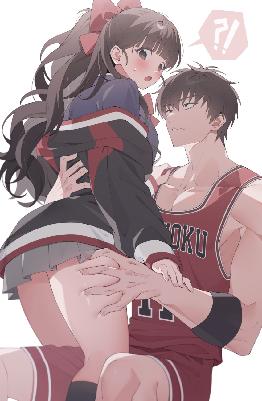 !? absurdres basketball_uniform bishounen blush bow brown_eyes brown_hair character_request collarbone couple female grabbing_another's_thighs hairbow highres long_hair lvemhrd miniskirt muscular muscular_male open_mouth rukawa_kaede shorts skirt slam_dunk_(series) sportswear thighs