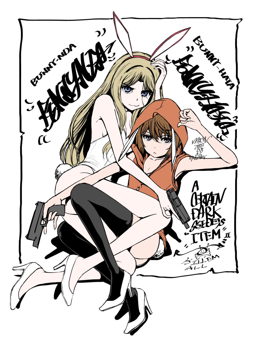 2girls :< :3 animal_ear_hairband animal_ears armpits artist_name ass bare_shoulders black_border black_thighhighs blonde_hair blue_eyes bob_cut border breasts brown_eyes brown_hair character_name closed_mouth commentary curled_fingers dated english_text expressionless fake_animal_ears fake_tail floppy_ears frenda_seivelun from_above from_side full_body gun hair_between_eyes hair_over_shoulder hairband hand_on_own_head hand_up handgun high_contrast high_heels highleg highleg_leotard highres holding holding_gun holding_weapon hood hood_up hoodie kinuhata_saiai knees_up leotard leotard_under_clothes long_hair looking_at_viewer loose_hair_strand lounging lying lying_on_person mac-v multiple_girls naughty_face no_pants on_side orange_hoodie outside_border parted_bangs playboy_bunny rabbit_ear_hairband rabbit_ears rabbit_tail red_hairband shoes short_hair signature sleeveless sleeveless_hoodie small_breasts smile strapless strapless_leotard tail thighhighs toaru_kagaku_no_railgun toaru_kagaku_no_railgun_s toaru_majutsu_no_index tribadism trigger_discipline v-shaped_eyebrows weapon white_background white_footwear white_leotard