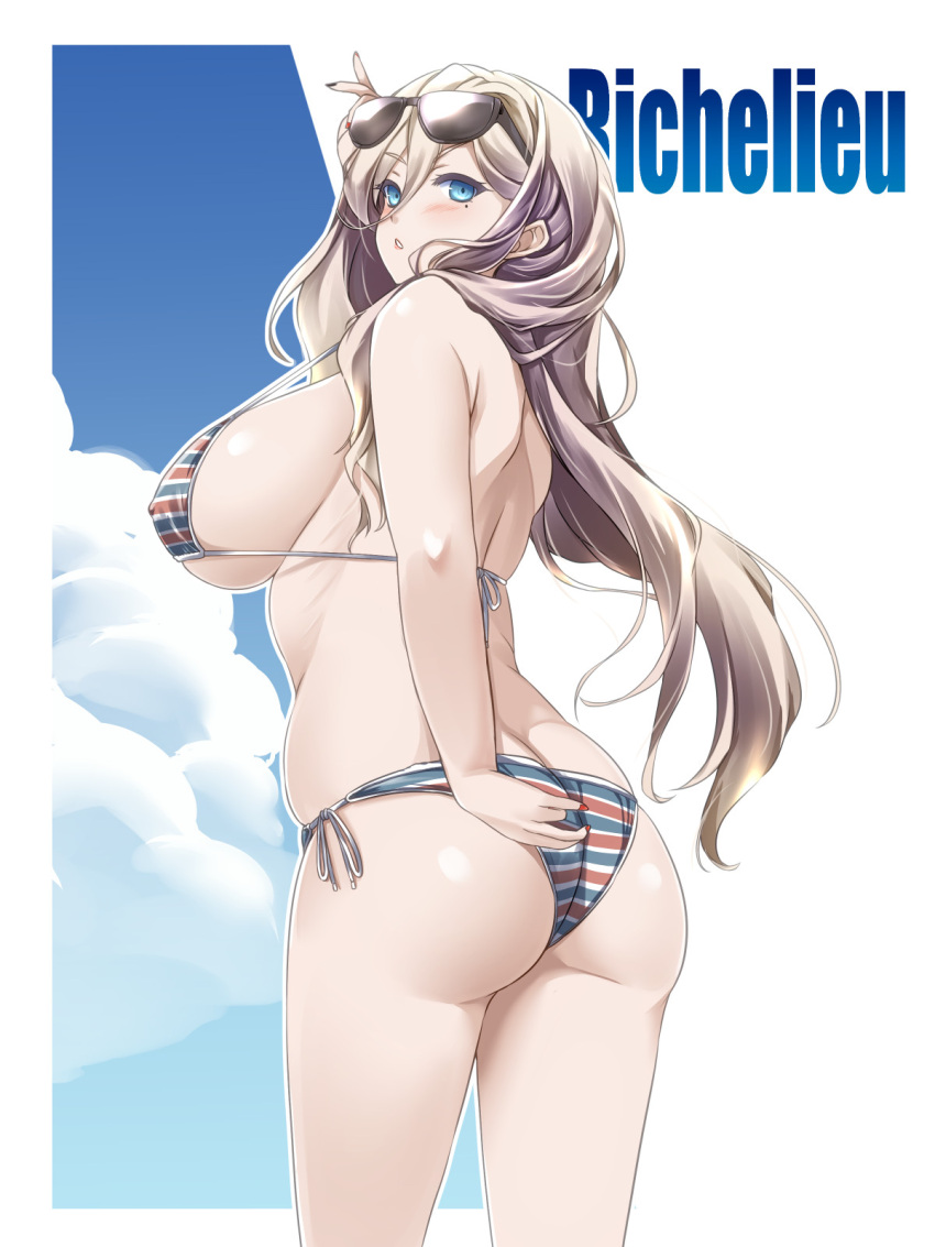 ass back bare_shoulders bikini blonde_hair blue_eyes blush breasts character_name english_text eyewear_on_head female hair_between_eyes hakkai highres kantai_collection large_breasts long_hair looking_at_viewer mole mole_under_eye parted_lips richelieu_(kancolle) solo striped_bikini striped_clothes sunglasses swimsuit