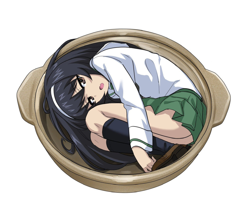 ass black_hair black_neckerchief black_socks blouse bowl brown_eyes brown_footwear commentary_request female fetal_position from_above girls_und_panzer green_skirt hairband highres legs loafers long_hair long_sleeves looking_at_viewer lying miniskirt nabe neckerchief oerba_yun_fang on_side one-hour_drawing_challenge ooarai_school_uniform open_mouth pleated_skirt reizei_mako school_uniform serafuku shiina_excel shirt shoes simple_background skirt socks solo textless_version white_background white_hairband white_shirt