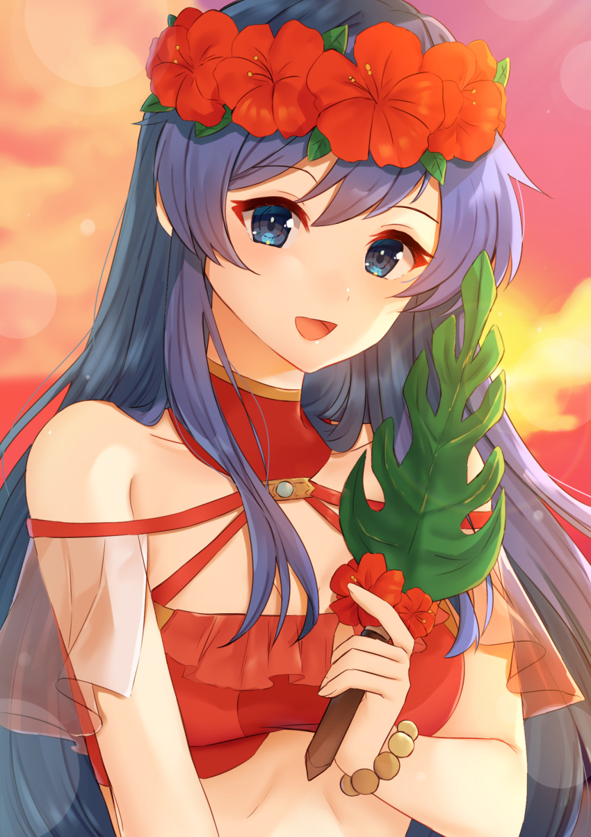 :d bare_shoulders bikini blue_eyes blue_hair blush bracelet breasts day edamameoka female fire_emblem fire_emblem:_the_binding_blade fire_emblem_heroes flower flower_wreath frilled_bikini frills head_wreath hibiscus highres jewelry leaf_fan lens_flare lilina_(fire_emblem) lilina_(summer)_(fire_emblem) long_hair official_alternate_costume open_mouth outdoors red_bikini red_flower red_sky see-through sky smile solo swept_bangs swimsuit upper_body very_long_hair