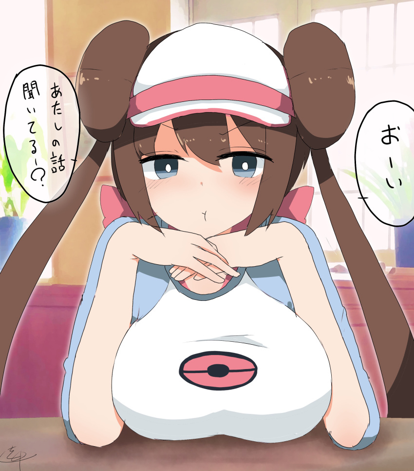 ;t absurdres artist_name blue_eyes blurry blush bow breasts brown_hair closed_mouth commentary_request depth_of_field double_bun female hair_between_eyes hair_bun hairbow hat highres indoors kokuin large_breasts long_hair looking_at_viewer pink_bow pokemon pokemon_bw2 raglan_sleeves rosa_(pokemon) shirt sidelocks signature sitting solo speech_bubble translation_request twintails upper_body very_long_hair visor_cap