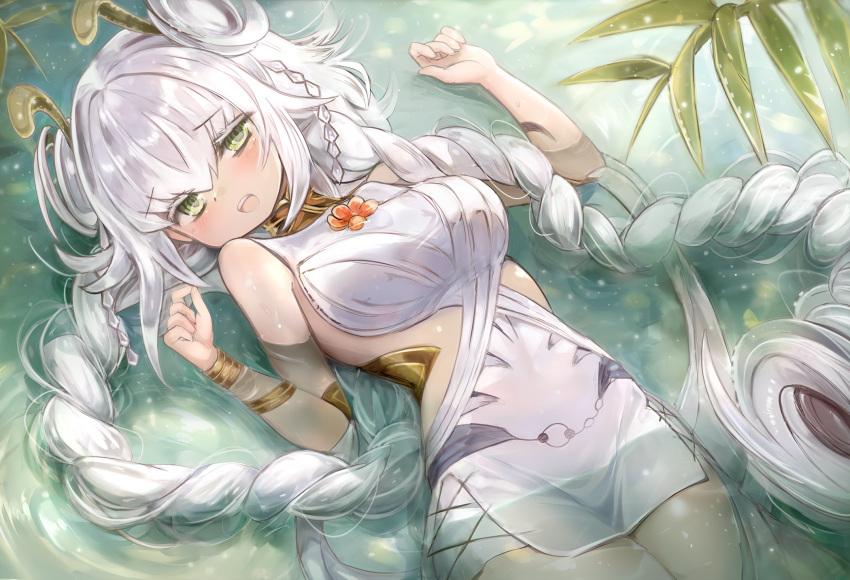 bare_shoulders blush braid breasts dress duel_monster female green_eyes hair_ornament highres large_breasts long_hair looking_at_viewer low_twintails lying on_back open_mouth partially_submerged sleeveless smile solo sorozukin traptrix_genlisea twin_braids twintails very_long_hair white_hair yu-gi-oh!