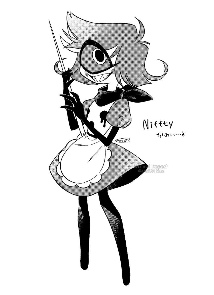 1_eye absurd_res clothed clothing cyclops demon demon_humanoid do_not_distribute dress enaic31 featureless_feet feet female hazbin_hotel hi_res humanoid japanese_text knitting_needle monochrome niffty_(hazbin_hotel) not_furry solo text translation_request