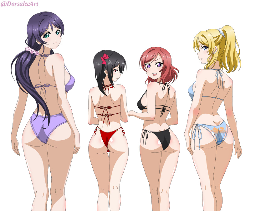 4girls absurdres ass ayase_eli bare_shoulders bikini black_bikini blonde_hair blue_bikini blue_eyes blush breasts dorsalecart from_behind green_eyes hair_ornament hair_scrunchie high_ponytail highres large_breasts looking_at_viewer looking_back love_live! medium_breasts multiple_girls nishikino_maki open_mouth ponytail print_bikini purple_bikini purple_hair red_bikini red_eyes red_hair scrunchie simple_background smile swimsuit tojo_nozomi twintails white_background yazawa_nico