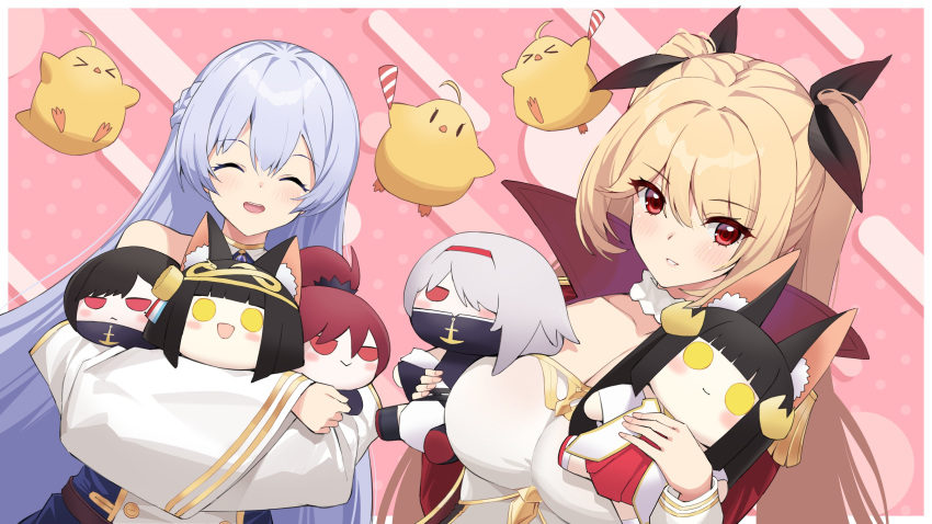 >_< 2girls absurdres anchor_ornament animal_ear_fluff animal_ears azur_lane bare_shoulders batsu black_hair black_ribbon blonde_hair braid breasts character_doll cleavage closed_eyes collarbone colorado_(azur_lane) commentary_request covered_mouth doll dress epaulettes eyes_visible_through_hair fox_ears hair_over_one_eye hair_ribbon hairband high_collar high_ponytail highres holding holding_doll large_breasts long_hair long_sleeves manjuu_(azur_lane) maryland_(azur_lane) multiple_girls mutsu_(azur_lane) nagato_(azur_lane) nelson_(azur_lane) open_mouth purple_hair red_dress red_eyes red_hair red_hairband ribbon rodney_(azur_lane) siblings sisters taut_clothes taut_dress very_long_hair west_virginia_(azur_lane) white_hair wide_sleeves yellow_eyes