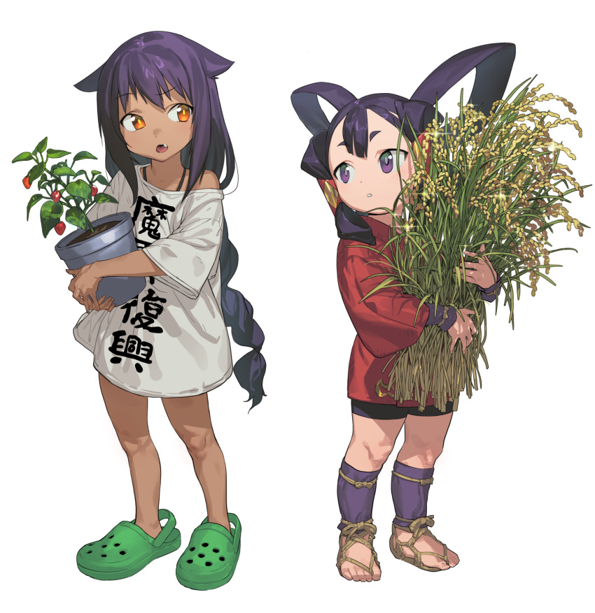 2girls bike_shorts clothes_writing commentary crocs crossover dark-skinned_female dark_skin full_body hair_flaps hair_rings hair_tubes highres holding holding_plant jahy jahy-sama_wa_kujikenai! japanese_clothes kimono leg_wrap long_hair long_sleeves looking_at_another low-braided_long_hair low-tied_long_hair mizura multiple_girls no_pants no_socks oerba_yun_fang open_mouth orange_eyes plant purple_eyes purple_hair raised_eyebrow red_kimono rice_(plant) sakuna-hime shirt short_kimono simple_background soosaresu standing symbol-only_commentary t-shirt tensui_no_sakuna-hime waraji white_background