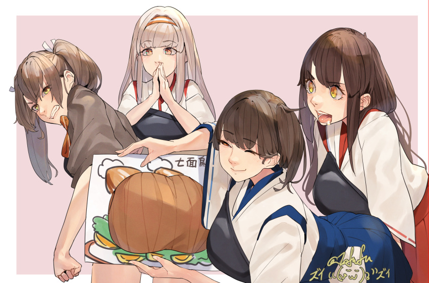 4girls absurdres akagi_(kancolle) angry ass blue_hakama brown_eyes brown_hair brown_hakama clenched_teeth drawing_(object) drooling fuwafuwatoufu green_eyes hairband hakama hakama_skirt highres holding holding_drawing japanese_clothes kaga_(kancolle) kantai_collection long_hair multiple_girls muneate one_eye_closed open_mouth red_hakama short_sidetail shoukaku_(kancolle) shoukaku_kai_ni_(kancolle) side_ponytail skirt smile tasuki teeth twintails white_hair zuikaku_(kancolle) zuikaku_kai_ni_(kancolle)