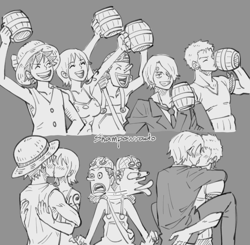 4boys absurdres alcohol arm_up bare_shoulders beer beer_mug blush breasts camisole collarbone collared_shirt commentary cup drinking drunk earrings female goggles goggles_on_headwear grey_background greyscale grin hat highres holding holding_cup hug jacket jewelry kissing looking_at_another medium_breasts monkey_d._luffy monochrome mug multiple_boys nami_(one_piece) necktie one_piece open_mouth overalls roronoa_zoro sanji_(one_piece) scar scar_on_cheek scar_on_face shampowrado shirt short_hair shoulder_tattoo smile spaghetti_strap straight straw_hat straw_hat_pirates suit_jacket tattoo twitter_username upper_body usopp v-neck vest yaoi