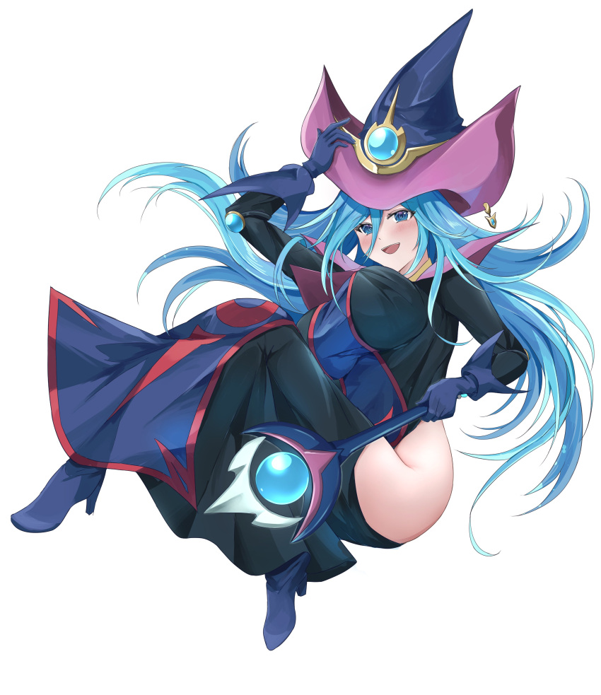 absurdres adjusting_clothes adjusting_headwear black_dress black_hat blue_eyes blue_gloves blue_hair blush breasts dress duel_monster female full_body gloves hat highres hip_vent holding holding_wand large_breasts misakura_aoi official_alternate_color open_mouth silent_magician simple_background smile solo upper_body wand white_background witch witch_hat yu-gi-oh! yu-gi-oh!_duel_monsters