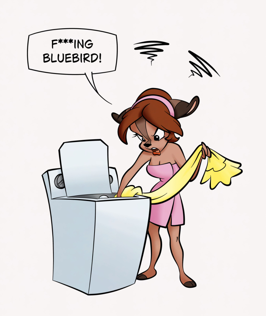 angry anthro appliance barefoot big_breasts bonkers_(series) breasts cleavage clothed clothing deer dress fawn_deer feet female hi_res hooved_toes hooves laundry_machine lower_lip mammal open_mouth pink_towel solo stanmort towel towel_around_waist towel_rack washing_machine wide_hips yellow_clothing yellow_dress