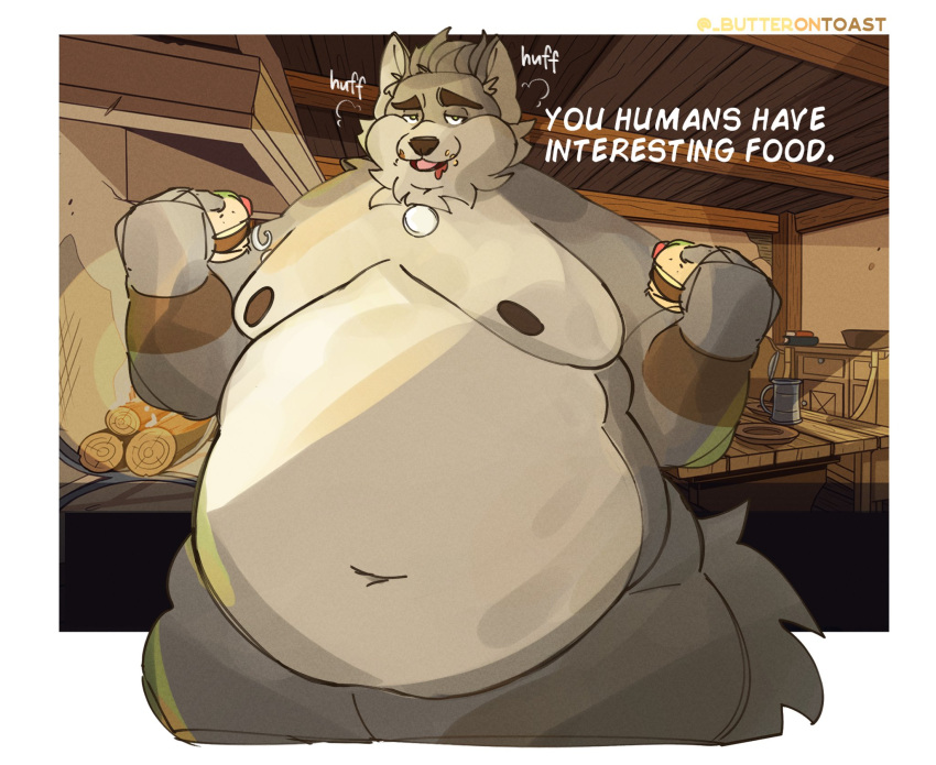 anthro big_cheeks butterontoast_(artist) canid canine canis chubby_cheeks detailed_background english_text far_beyond_the_world_(series) food hi_res holding_food holding_object jewelry male mammal moobs navel nipples obese obese_anthro obese_male overweight overweight_anthro overweight_male pendant ranok_(far_beyond_the_world) solo tail text wolf