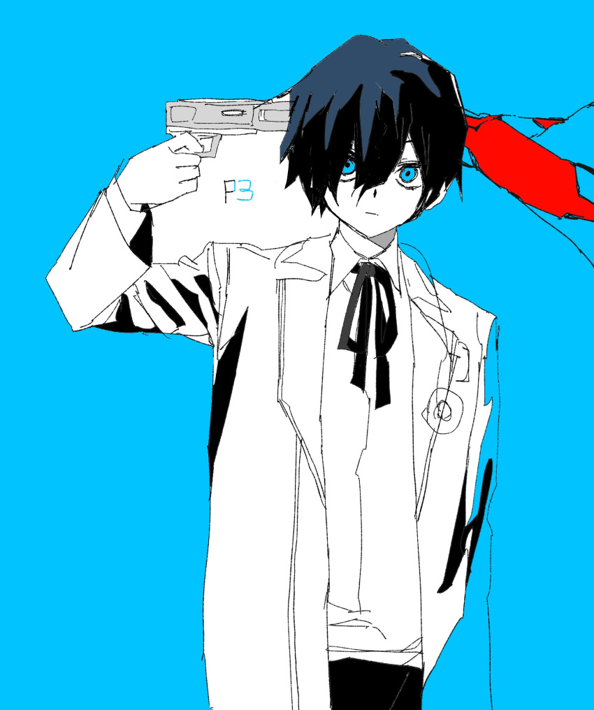 1boy closed_mouth collared_shirt copyright_name evoker gekkoukan_high_school_uniform goguma_wagamja gun gun_to_head hair_between_eyes handgun highres holding holding_gun holding_weapon jacket jaggy_lines limited_palette long_sleeves looking_at_viewer male_focus neck_ribbon open_clothes open_jacket persona persona_3 ribbon school_uniform shirt simple_background solo weapon yuuki_makoto_(persona_3)