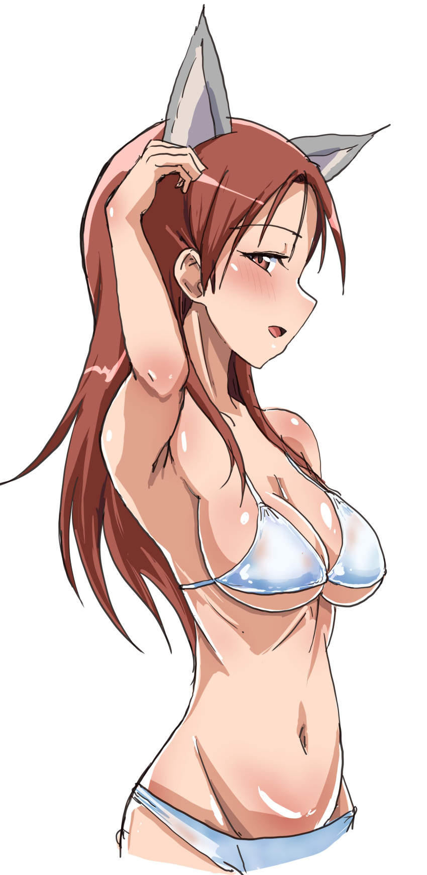 absurdres animal_ears bikini blush breasts cleavage female highres large_breasts long_hair looking_at_viewer minna-dietlinde_wilcke navel open_mouth rafale red_eyes red_hair simple_background smile solo strike_witches swimsuit white_background white_bikini wolf_ears world_witches_series