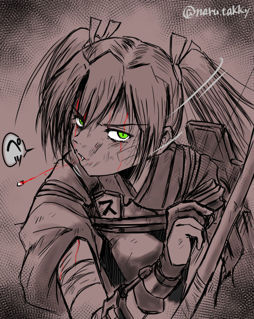 bandaged_arm bandages bandaid bandaid_on_cheek bandaid_on_face blood blood_on_face bow_(weapon) female gloves green_eyes hair_between_eyes hair_ribbon highres injury japanese_clothes kantai_collection long_hair looking_at_viewer monochrome muneate one-hour_drawing_challenge partially_fingerless_gloves ribbon rigging simple_background solo spitting spitting_blood taka_two tasuki twintails twitter_username upper_body weapon yugake zuikaku_(kancolle)