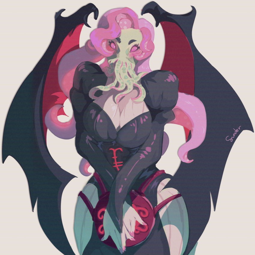 absurdres black_dress breasts cthulhu cthulhu_mythos dress female highres large_breasts ln'eta long_hair mouth_with_tentacles pantyhose pink_eyes pink_hair solo squid_girl sucker_for_love sunder-art tentacle_hair white_pantyhose