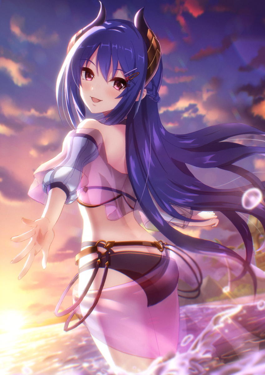 armlet bikini blue_hair demon_girl demon_horns elbow_sleeve female halterneck highres horns jewelry layered_bikini okg open_mouth princess_connect! rei_(princess_connect!) rei_(summer)_(princess_connect!) sarong see-through see-through_sarong solo swimsuit