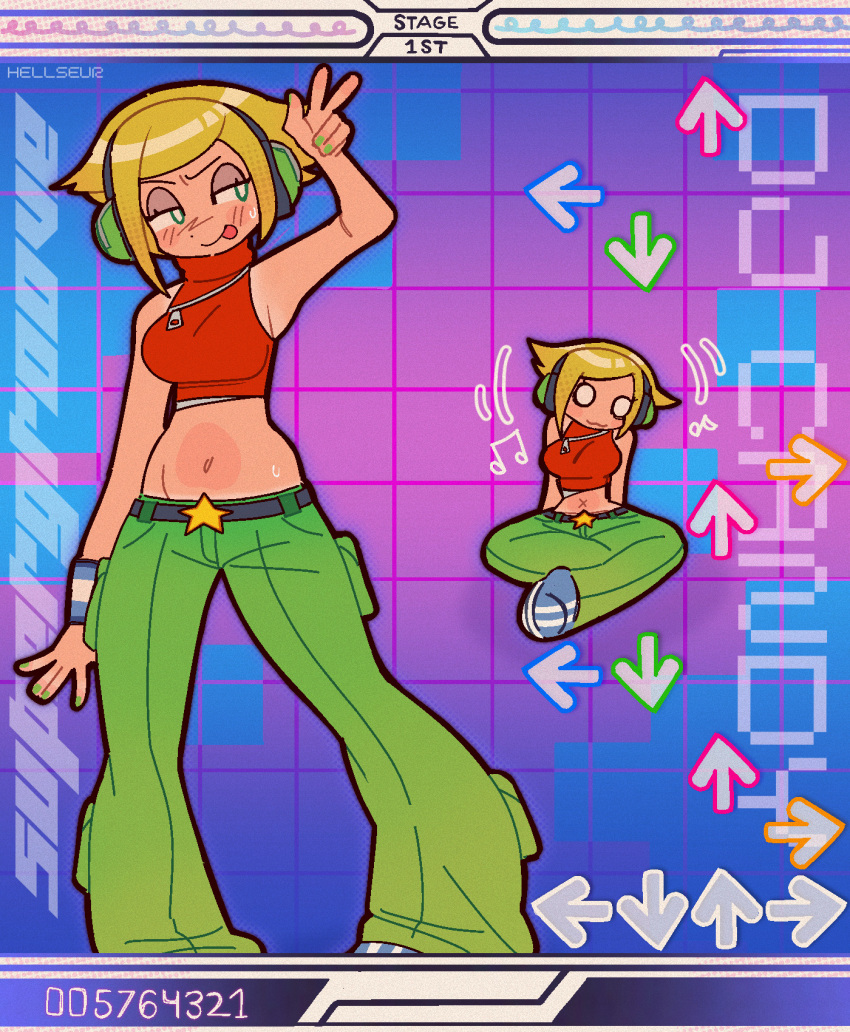 arrow_(symbol) belt bemani black_belt breasts chibi commentary dance_dance_revolution dj_candy english_commentary female green_nails green_pants headphones hellseur highres large_breasts midriff multiple_views musical_note mysims navel pants sitting sleeveless sleeveless_turtleneck standing star_(symbol) tongue tongue_out turtleneck v y2k_fashion