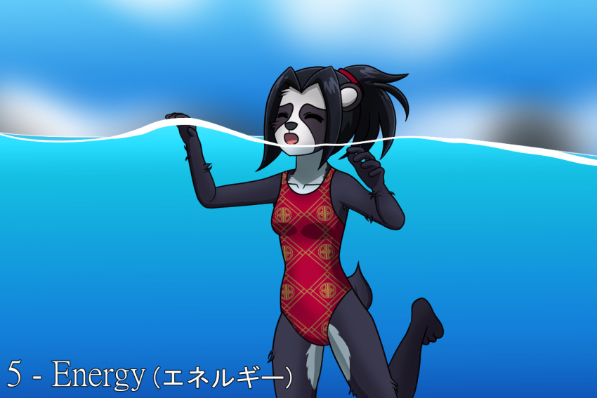 anthro bear black_body black_fur black_hair blizzard_entertainment clothing english_text female fur giant_panda hair japanese_text katakana li_li_stormstout mammal markings one-piece_swimsuit partially_submerged plaid ponytail red_clothing red_swimwear scut_tail sea short_tail sinktember sinktember_2024 solo swimming swimwear tail text uwdennis warcraft water waterline_view white_markings