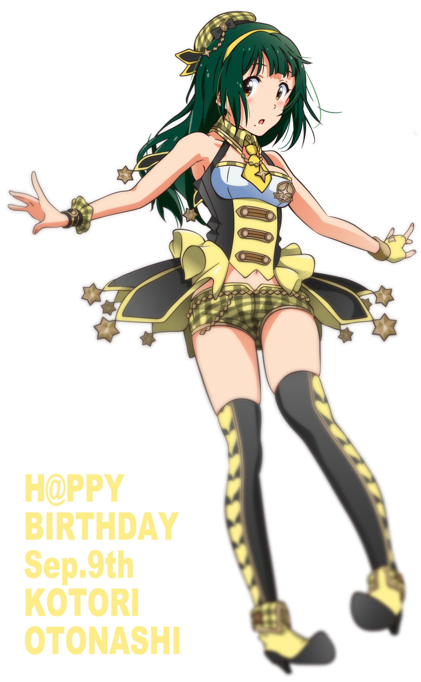 absurdres akizuki_ritchan alternate_costume alternate_hair_length alternate_hairstyle armpits bare_arms bare_shoulders beret birthday black_thighhighs blunt_bangs blush breasts brown_eyes character_name collarbone commentary_request dated english_text female fingerless_gloves fingernails gloves green_hair hairband halterneck hat high_heels highres idol idol_clothes idolmaster idolmaster_(classic) idolmaster_platinum_stars medium_bangs medium_breasts midriff mole mole_under_mouth navel open_mouth otonashi_kotori outstretched_arms plaid_hat short_shorts shorts sidelocks simple_background single_fingerless_glove single_glove single_wrist_cuff solo spread_arms standing star_(symbol) straight_hair thighhighs thighs three_quarter_view underbust white_background wrist_cuffs yellow_gloves yellow_hairband yellow_hat yellow_shorts yellow_wrist_cuffs