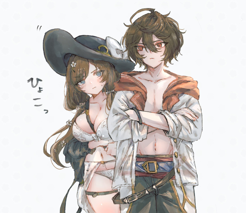 1boy absurdres ahoge bikini black_hat blush bow breasts brown_hair cleavage closed_mouth collarbone commentary_request cowboy_shot crossed_arms female flower genkina0sushi granblue_fantasy grey_eyes hair_between_eyes hair_flower hair_ornament hat hat_bow highres hood hood_down hooded_jacket jacket long_hair looking_at_viewer medium_breasts navel open_clothes open_jacket raziel_(granblue_fantasy) raziel_(summer)_(granblue_fantasy) red_eyes sandalphon_(granblue_fantasy) sandalphon_(summer)_(granblue_fantasy) short_hair simple_background sun_hat swimsuit white_background white_bikini white_bow