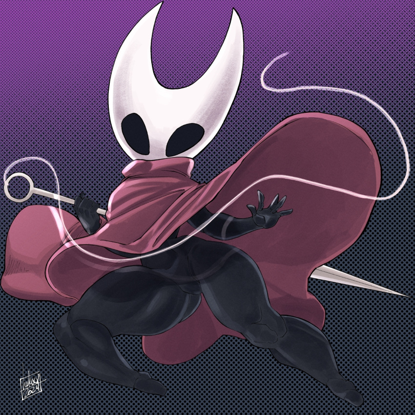 1:1 2024 5_fingers anthro arachnid arthropod biped black_body cloak_only clothing curvy_female featureless_crotch featureless_eyes featureless_feet feet female fingers gradient_background hi_res holding_object holding_weapon hollow_knight hornet_(hollow_knight) looking_at_viewer lukex8 red_clothing short_stack simple_background small_waist solo spider team_cherry thick_thighs weapon wide_hips