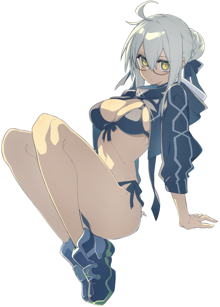 10mo ahoge artoria_pendragon_(fate) bikini black_bikini black_footwear black_ribbon black_shrug blonde_hair breasts fate/grand_order fate_(series) female glass hair_bun hair_ribbon highres large_breasts looking_at_viewer mysterious_heroine_xx_alter_(fate) ribbon semi-rimless_eyewear shrug_(clothing) side-tie_bikini_bottom solo swimsuit tan yellow_eyes