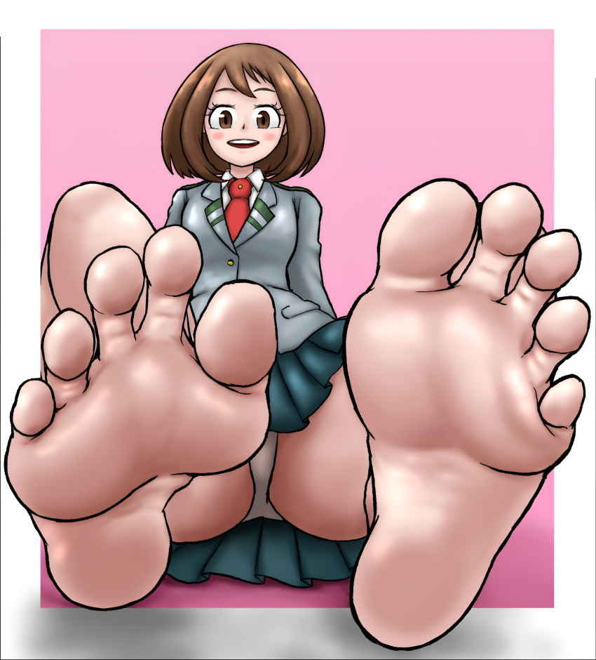 1girls ass blush blush_stickers boku_no_hero_academia brown_eyes brown_hair collared_shirt eyebrows eyelashes feet feet_focus feet_up female female_focus female_only foot_fetish foot_focus girl green_skirt hi_res high_resolution highres jacket light-skinned_female light_skin medium_hair my_hero_academia necktie ochako_uraraka open_mouth panties presenting_feet red_necktie red_neckwear red_tie school_uniform shirt simple_background skirt sole_female soles solo solo_female solo_focus teeth tie toes toes_spread u.a._school_uniform underwear upper_teeth upper_teeth_only upskirt uraraka_ochako white_panties white_shirt yamamoto