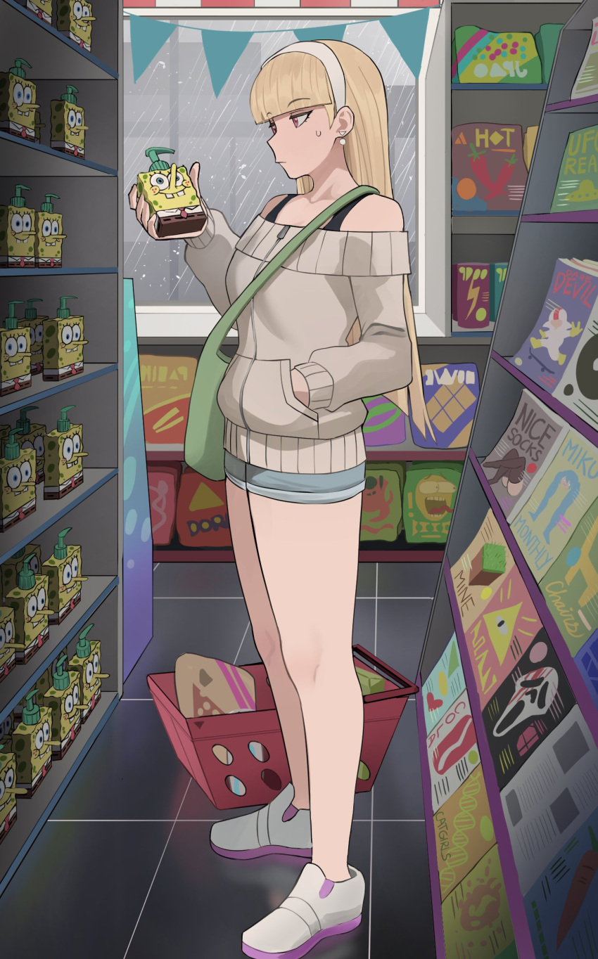 bare_legs bare_shoulders bill_cipher blonde_hair blunt_bangs bra_strap claire_volikova commentary earrings female ghostface gravity_falls grey_shorts grey_sweater hairband hatsune_miku highres holding indoors jewelry jourd4n kick_buttowski kick_buttowski_(character) long_hair long_sleeves off-shoulder_sweater off_shoulder original scream_(movie) shoes short_shorts shorts soap_bottle solo spongebob_squarepants spongebob_squarepants_(series) standing sweater thighs very_long_hair vocaloid white_footwear white_hairband