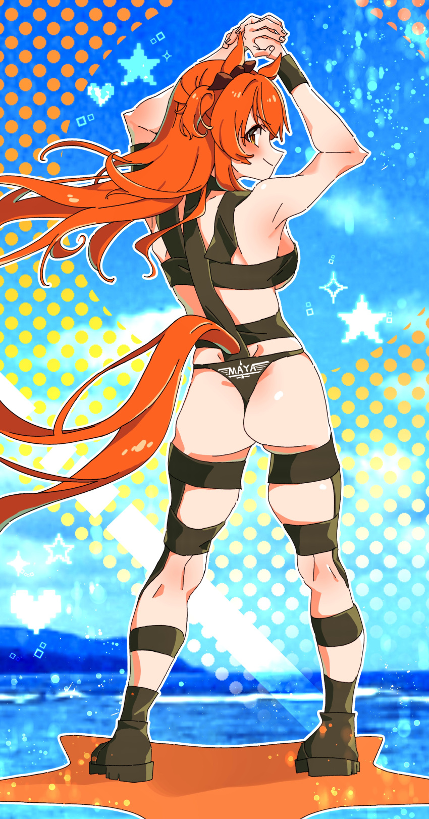 absurdres alternate_costume animal_ears armpits arms_up ass black_footwear black_panties boots bow breasts commentary_request ear_bow female from_behind highres horse_ears horse_girl horse_tail hot_limit long_hair mayano_top_gun_(umamusume) medium_breasts orange_eyes orange_hair outdoors panties sarabure solo standing t.m.revolution tail tail_through_clothes thigh_strap two_side_up umamusume underwear