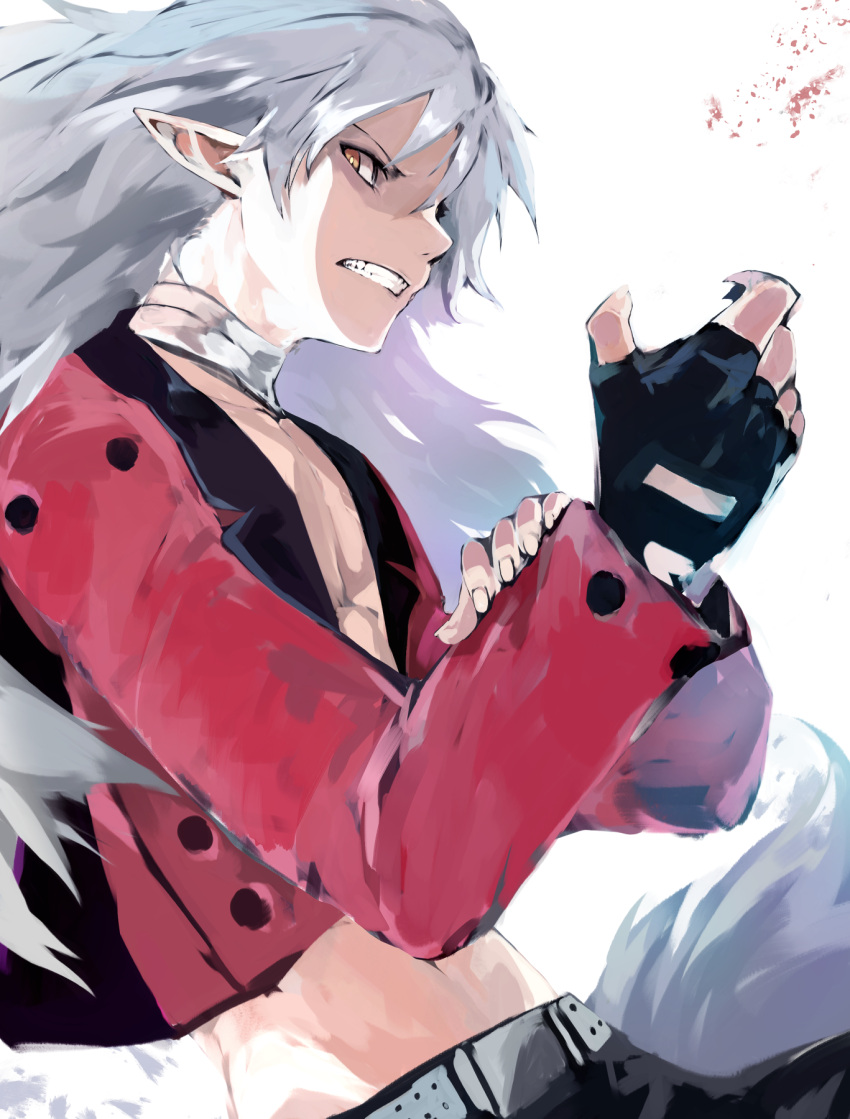 1boy angry bandaged_neck bandages belt clenched_hand clenched_teeth commentary cropped_jacket disgaea fenrich_(disgaea) fingerless_gloves from_side gloves hair_between_eyes highres jacket kakuwashi long_hair long_sleeves looking_at_viewer makai_senki_disgaea makai_senki_disgaea_4 open_clothes open_jacket pants pointy_ears profile red_jacket simple_background solo tail teeth upper_body werewolf white_background white_hair wolf_tail yellow_eyes