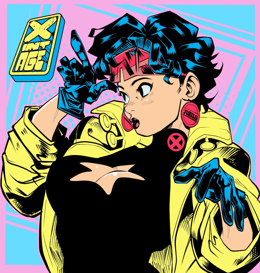 adjusting_eyewear animification black_eyes black_lips black_shirt blue_gloves blue_hair breasts cleavage cleavage_cutout clothing_cutout earrings english_commentary eyewear_on_head female gloves hair_behind_ear hand_on_eyewear highres jewelry jubilee large_breasts marvel shirt short_hair solo star_cutout sunglasses x-men x-men:_the_animated_series x1ntage