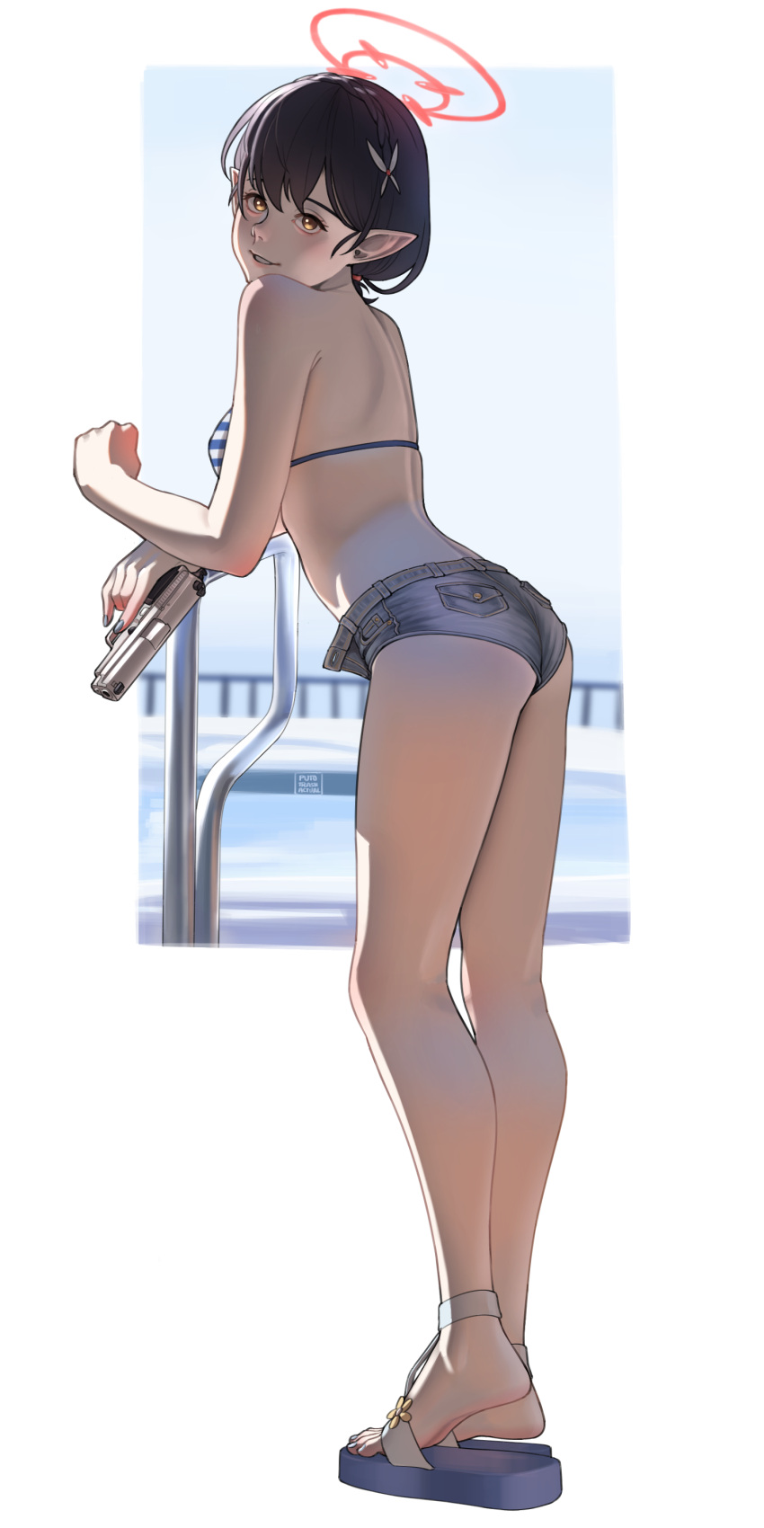 absurdres arched_back armpit_crease artist_name ass ayane_(blue_archive) ayane_(swimsuit)_(blue_archive) bare_legs bikini blue_archive blue_bikini blue_footwear blue_nails breasts brown_eyes commentary_request feet female flip-flops from_behind full_body gun hair_ornament halo handgun heel_up highres holding holding_gun holding_weapon kneepits leaning_on_object legs looking_at_viewer looking_back medium_breasts medium_hair micro_shorts nail_polish no_eyewear official_alternate_costume parted_lips pointy_ears pool puto_trash red_halo sandals shadow shorts sig_p228/p229 sig_sauer simple_background solo standing striped_bikini striped_clothes swimsuit toenail_polish toenails toes trigger_discipline unbuttoned weapon white_background white_bikini white_nails