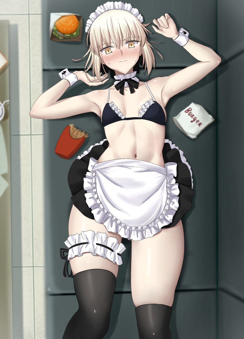 absurdres artoria_pendragon_(alter_swimsuit_rider)_(fate) artoria_pendragon_(alter_swimsuit_rider)_(second_ascension)_(fate) artoria_pendragon_(fate) bare_shoulders bikini black_bikini blush breasts burger choker fate/grand_order fate_(series) female food french_fries frilled_choker frills highres longdq3008 looking_at_viewer lying maid maid_bikini maid_headdress medium_hair navel on_back small_breasts solo swimsuit thighhighs thighs unconventional_maid