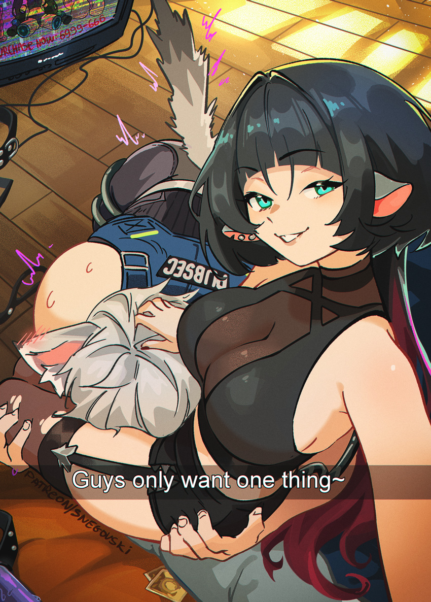 1boy absurdres animal_ears black_shorts blunt_bangs blush breasts brown_thighhighs cat_boy cat_ears cat_tail cowboy_shot crop_top english_text female fingernails floor green_eyes green_hair hand_on_another's_head highres indoors jane_doe_(zenless_zone_zero) large_breasts long_hair looking_at_viewer monitor mouse_ears mouse_girl mouse_tail multicolored_hair nail_polish official_alternate_costume parted_lips qingyi_(zenless_zone_zero) red_hair red_nails seth_lowell short_hair shorts sidelocks sitting smile snapchat snegovski sweat tail thighhighs torn_clothes torn_thighhighs two-tone_hair white_hair wooden_floor zenless_zone_zero