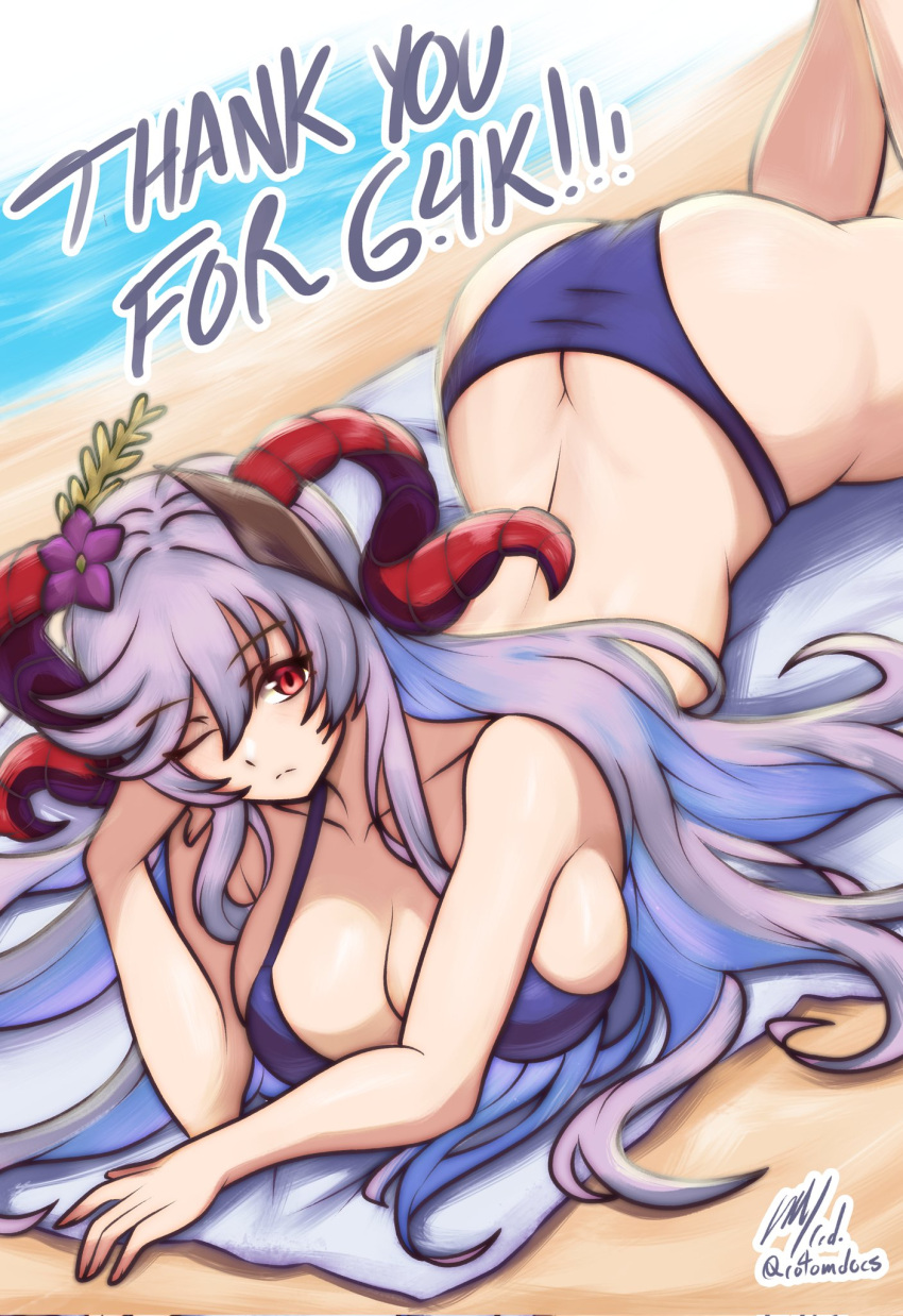 ;( ass bare_shoulders beach_towel bikini breasts butt_crack cleavage closed_mouth collarbone corrupted_twitter_file english_commentary female fire_emblem fire_emblem_heroes freyja_(fire_emblem) freyja_(summer)_(fire_emblem) goat_horns grey_hair hair_between_eyes highres horns large_breasts light_frown long_hair looking_at_viewer lying milestone_celebration ocean official_alternate_costume on_stomach one_eye_closed purple_bikini red_eyes rotomdocs sand signature solo swimsuit thank_you towel twitter_username very_long_hair