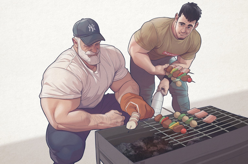 2boys bara barbeque cooking eating light-skinned_male male_only muscular_male silverjow twitter_user_oc ulric_(silverjow) wei_(silverjow) wholesome