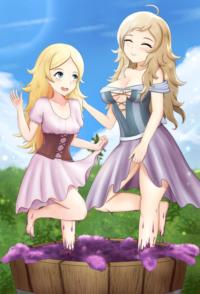 2girls alternate_costume alternate_hairstyle bare_legs bare_shoulders barefoot blonde_hair blue_eyes breasts cleavage dress female female_only fire_emblem fire_emblem_awakening fire_emblem_fates grandmother_and_granddaughter grapes hair_down lifted_by_self lissa_(fire_emblem) long_hair medium_breasts multiple_girls nintendo open_mouth ophelia_(fire_emblem) outdoors skirt_lift sleeptopi small_breasts smile