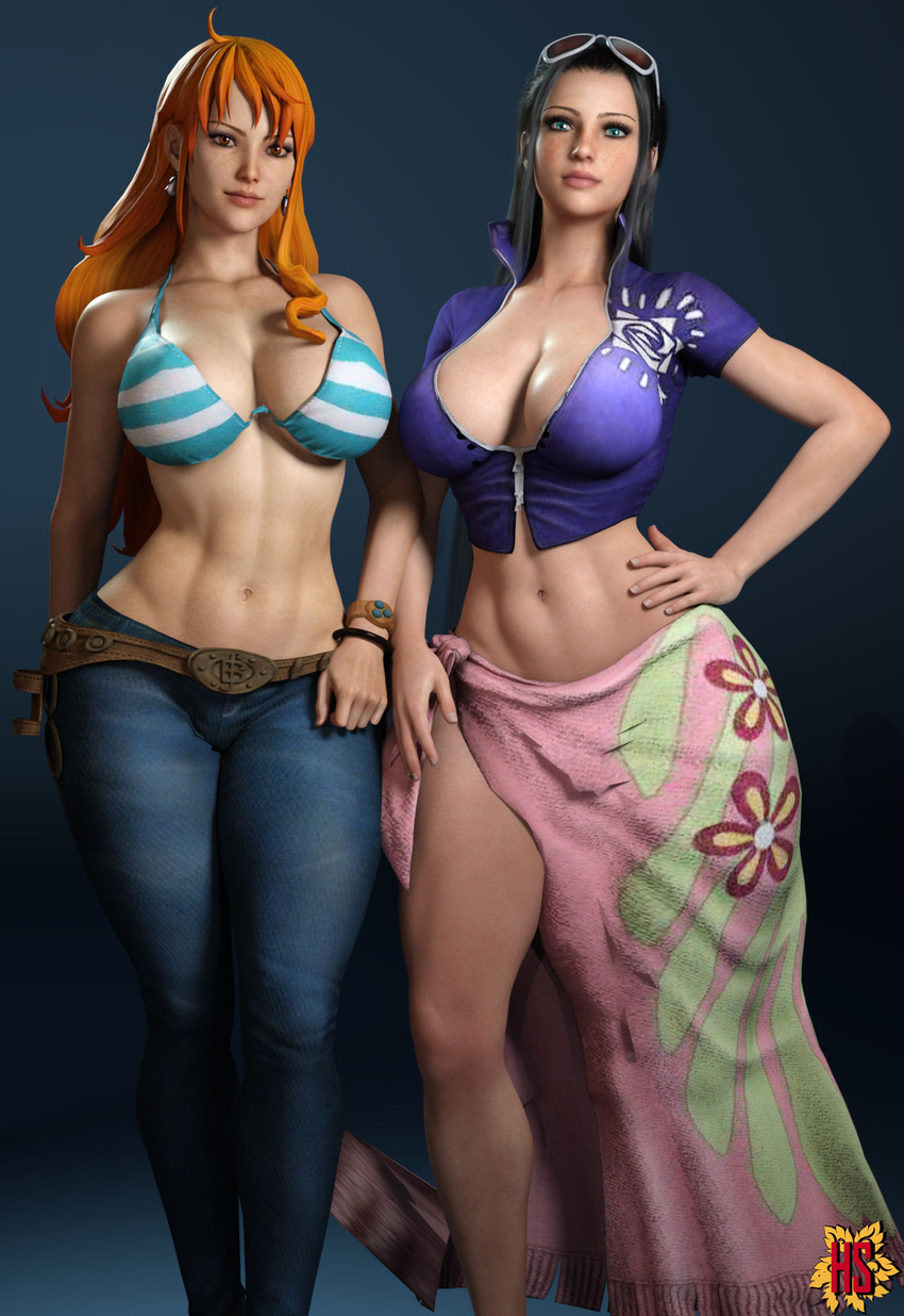 2girls 3d 3d_(artwork) big_breasts bikini_top black_hair blue_eyes breasts eyewear_on_head female female_only fully_clothed hagiwara_studio large_breasts lipstick looking_at_viewer nami nico_robin one_piece orange_hair orange_hair_female pants post-timeskip sunglasses_on_head tattoo